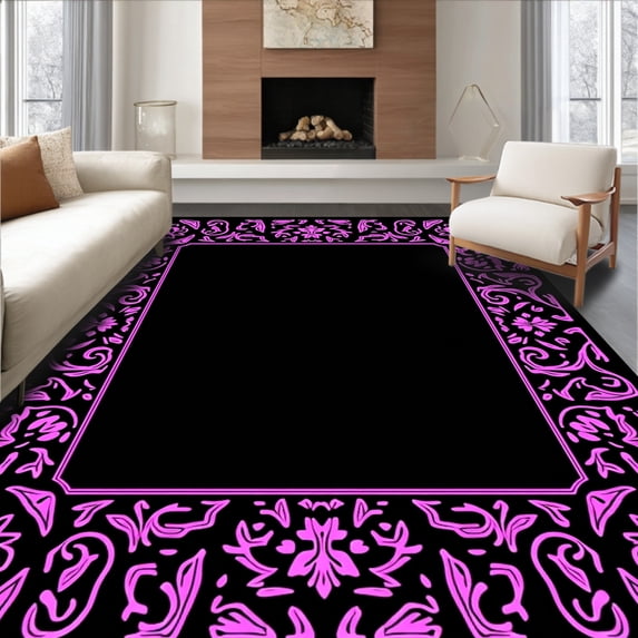 ODIKA 8'x10' Machine Washable Non-Slip Area Rug, Enchanted Fauna Flora Midnight Symphony Eclectic High Traffic Rug with Pad, Black, 574837