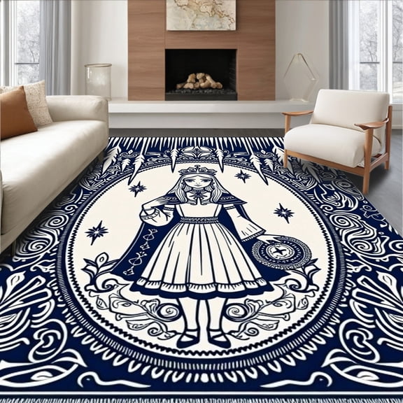 ODIKA 8'x10' Machine Washable Non-Slip Area Rug, Enchanted Forest Dweller Doormat with Icicle High Traffic Rug, Blue, 502738