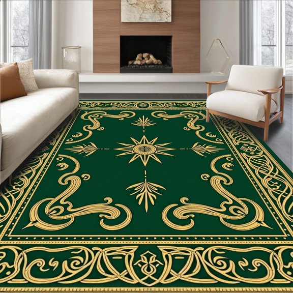 ODIKA 8x10 Machine Washable Non-Slip Area Rug, Enchanted Forest Medallion Tree Skirt with Ornate Celtic Knotwork Design High Traffic Rug, Green, 734061