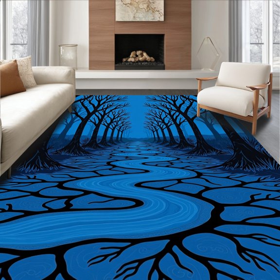 ODIKA 8x10 Machine Washable Non-Slip Area Rug, Enchanted Forest Mystical Pathway Journey High Traffic Rug, Blue, 454331