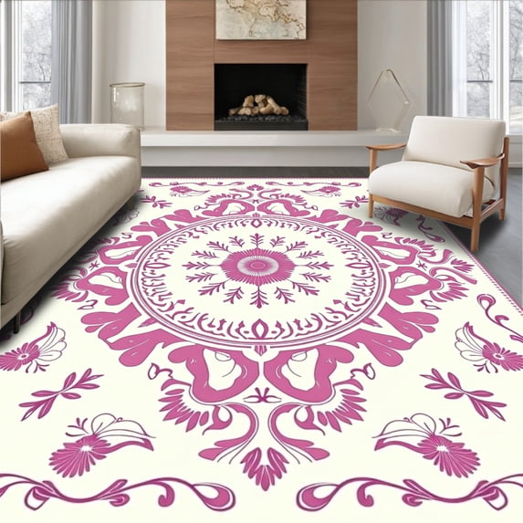 ODIKA 8'x10' Machine Washable Non-Slip Area Rug, Enchanted Garden Botanical Symmetrical Ornate Medallion High Traffic Rug, Pink, 587000