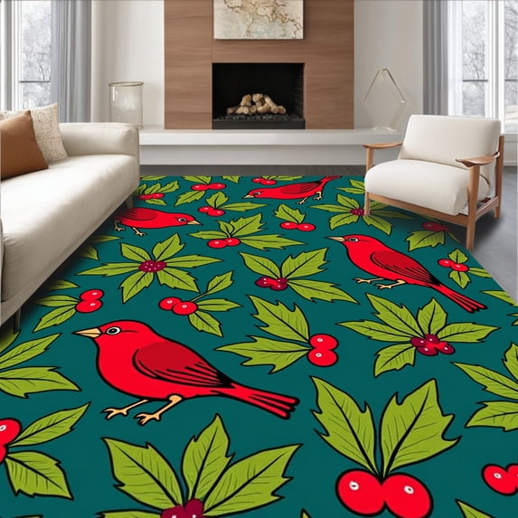 ODIKA 8'x10' Machine Washable Non-Slip Area Rug, Enchanted Holly Berry Christmas Floor Seasonal Decoration High Traffic Rug, Red, 631465
