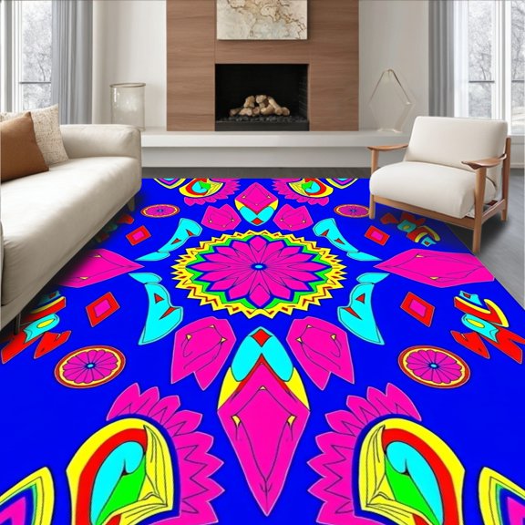 ODIKA 8'x10' Machine Washable Non-Slip Area Rug, Enchanted Kaleidoscope Mystical Jewel Toned Treasure High Traffic Rug, Blue, 556748