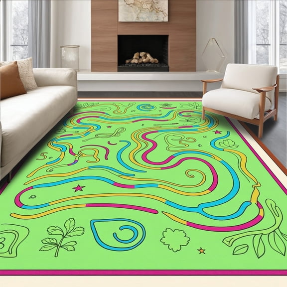 ODIKA 8'x10' Machine Washable Non-Slip Area Rug, Enchanted Knowledge Discovery Adventure Map High Traffic Rug, Green, 581752