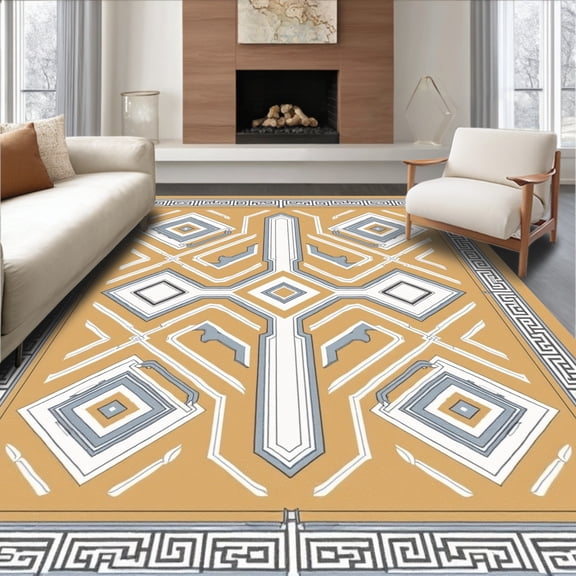 ODIKA 8'x10' Machine Washable Non-Slip Area Rug, Enchanted Path Mosaic Interlocking Labyrinth High Traffic Rug, Brown, 663977