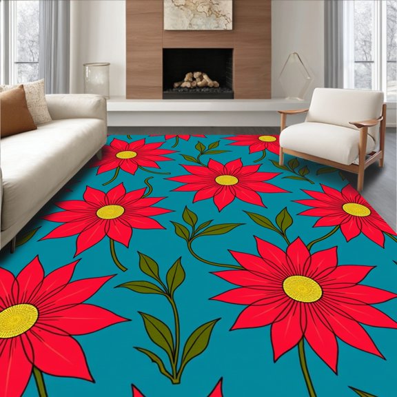 ODIKA 8'x10' Machine Washable Non-Slip Area Rug, Enchanted Poinsettia Bloom Yuletide Decorative Statement High Traffic Rug, Blue, 735556