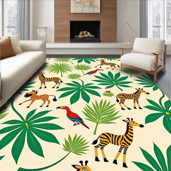 ODIKA 8'x10' Machine Washable Non-Slip Area Rug, Enchanted Rainforest Adventure with Playful Animal Friends and Vivid Botanicals High Traffic Rug, Beige, 682793