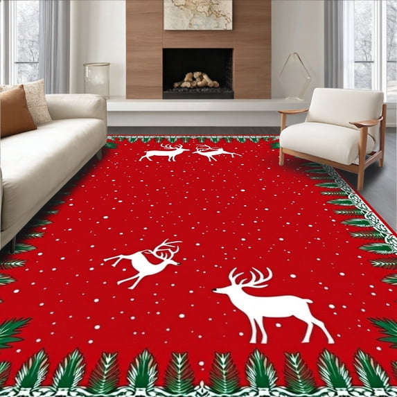 ODIKA 8'x10' Machine Washable Non-Slip Area Rug, Enchanted Reindeer Forest Yuletide Celebration Accent High Traffic Rug with Pad, Red, 505870
