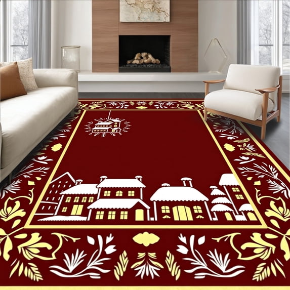 ODIKA 8'x10' Machine Washable Non-Slip Area Rug, Enchanted Snowy Village Seasonal Hearth Decorative Emblem High Traffic Rug, Red, 610320