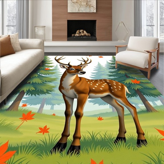 ODIKA 8x10 Machine Washable Non-Slip Area Rug, Enchanted Stag Through Mystical Woodland Haze High Traffic Rug, Brown, 511504