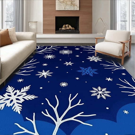 ODIKA 8'x10' Machine Washable Non-Slip Area Rug, Enchanted Winter Wonderland Protective Surface With Magical Snow Scenes High Traffic Rug with Pad, Blue, 621793