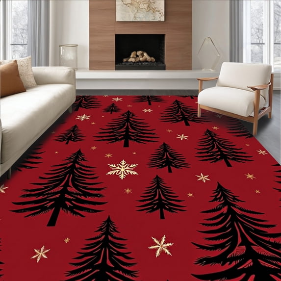 ODIKA 8'x10' Machine Washable Non-Slip Area Rug, Enchanted Woodland Spruce Holiday Theme Floor Covering High Traffic Rug, Red, 621253