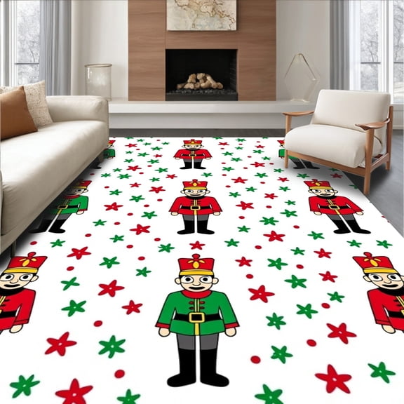 ODIKA 8'x10' Machine Washable Non-Slip Area Rug, Enchanting Nutcracker Scene with Whimsical Soldier Motifs High Traffic Rug, Red, 645906