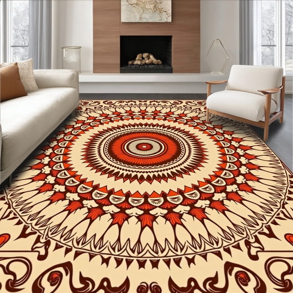 ODIKA 8'x10' Machine Washable Non-Slip Area Rug, Enchanting Sunburst Radial Medallion Floral Dreamscape High Traffic Rug, Beige, 480723