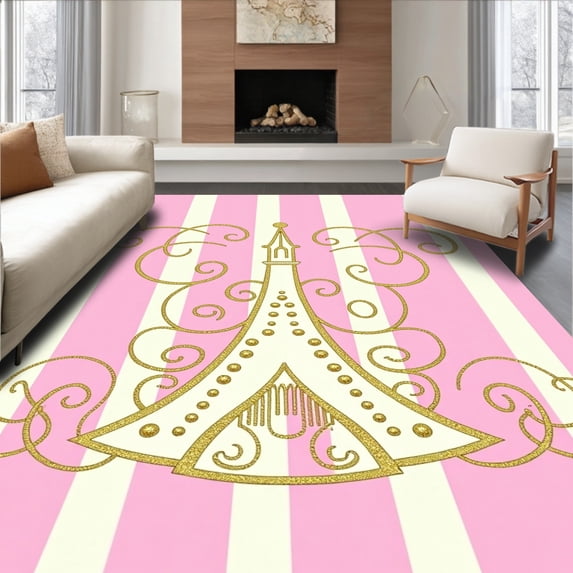 ODIKA 8'x10' Machine Washable Non-Slip Area Rug, Enchanting Tower Motif Featuring Glittering Dot Trails and Swirling Stripes High Traffic Rug with Pad, Pink, 728946