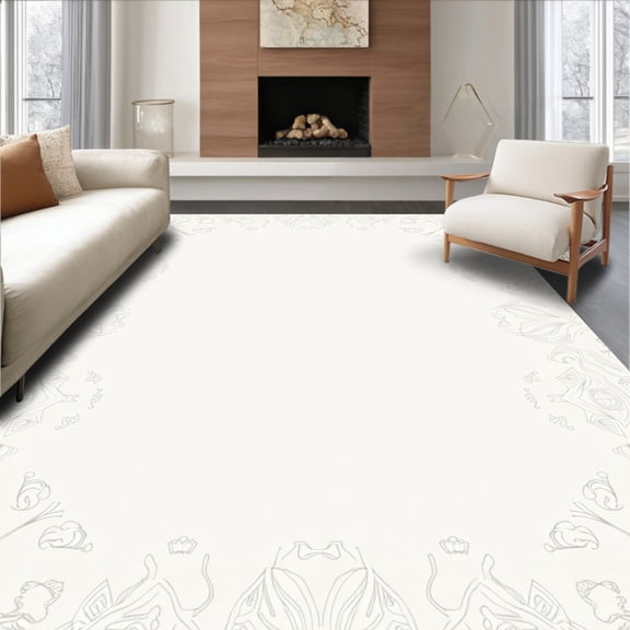 ODIKA 8'x10' Machine Washable Non-Slip Area Rug, Ethereal Powder Avalanche Jubilation Ceremonial Base Trim High Traffic Rug, White, 629680