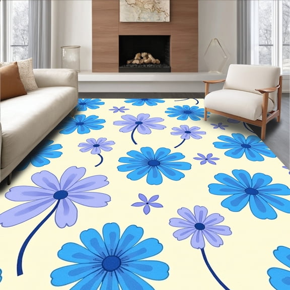 ODIKA 8'x10' Machine Washable Non-Slip Area Rug, Ethereal Watercolor Blossom Cascade Symphony High Traffic Rug, Blue, 581610