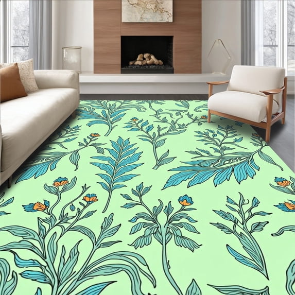 ODIKA 8'x10' Machine Washable Non-Slip Area Rug, Exotic Plumage Botanical Jacobean Vintage Inspired High Traffic Rug, Green, 581435