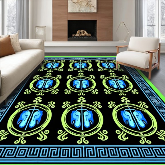 ODIKA 8'x10' Machine Washable Non-Slip Area Rug, Exotic Scarab Hieroglyph Ancient Symbol Medallion Design High Traffic Rug, Black, 542589