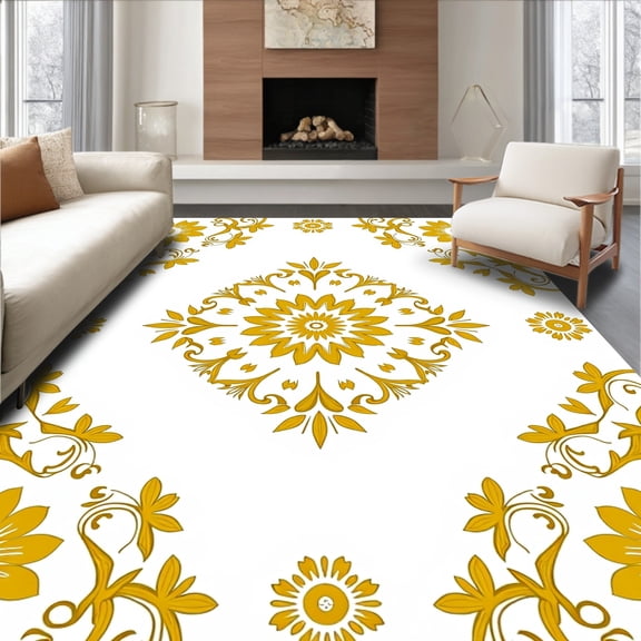 ODIKA 8'x10' Machine Washable Non-Slip Area Rug, Exquisite Blossom Medallion Treasure Jewel High Traffic Rug, Gold, 504231
