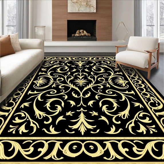 ODIKA 8'x10' Machine Washable Non-Slip Area Rug, Exquisite Damask Vine Jacquard Artistic High Traffic Rug, Black, 581802