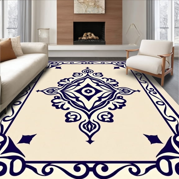 ODIKA 8'x10' Machine Washable Non-Slip Area Rug, Faded Paisley Cascade with Bohemian Scroll High Traffic Rug, Beige, 664009
