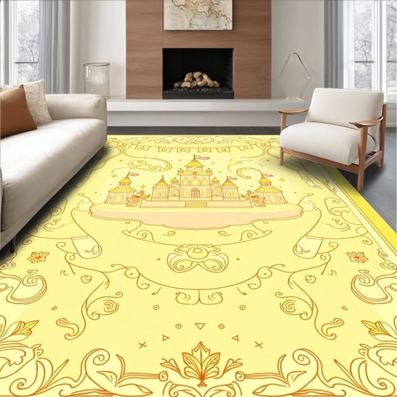 ODIKA 8x10 Machine Washable Non-Slip Area Rug, Fairy Tale Castle Trail with Alphabet Flags and Magical Creatures High Traffic Rug, Yellow, 693069