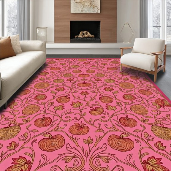 ODIKA 8'x10' Machine Washable Non-Slip Area Rug, Falling Leaves Mosaic with Whimsical Pumpkin Vines High Traffic Rug, Pink, 741190