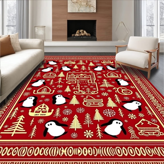 ODIKA 8'x10' Machine Washable Non-Slip Area Rug, Festive Animal Sleigh Interlocking Nordic Motif Holiday Design High Traffic Rug, Red, 618655