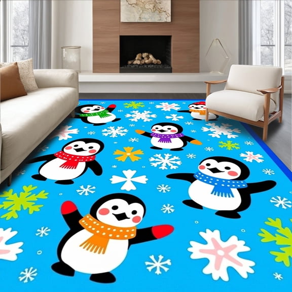 ODIKA 8'x10' Machine Washable Non-Slip Area Rug, Festive Arctic Wildlife Latch Hook Pillow Kit Cross Stitch Project High Traffic Rug, Blue, 618667
