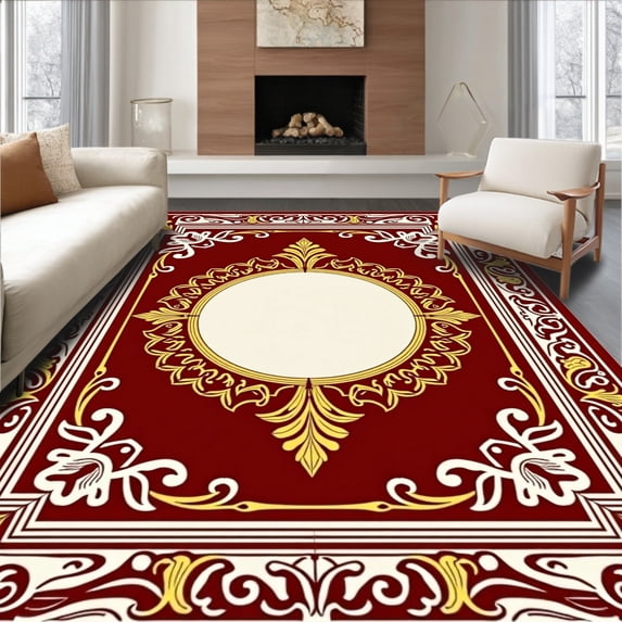 ODIKA 8'x10' Machine Washable Non-Slip Area Rug, Festive Baroque Laurel Medallion with Flourish Filigree Detailing High Traffic Rug with Pad, Burgundy, 621410