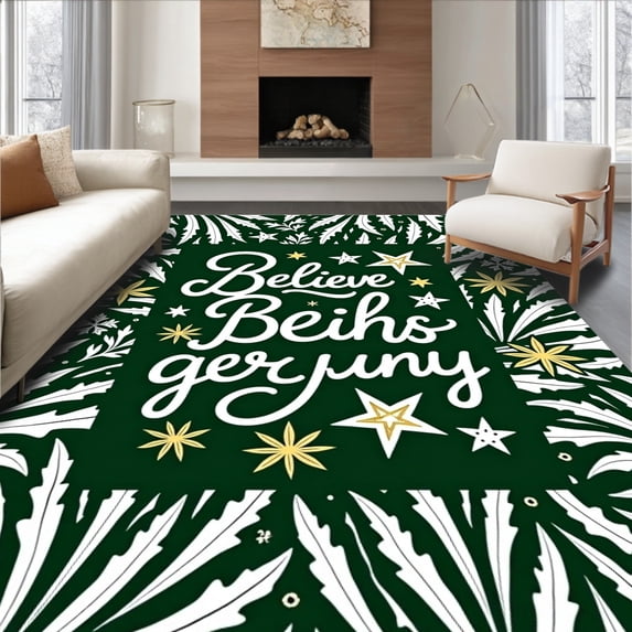 ODIKA 8'x10' Machine Washable Non-Slip Area Rug, Festive Believe Typography and Starburst Motif High Traffic Rug, Green, 625435