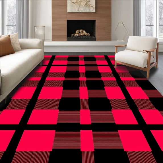 ODIKA 8'x10' Machine Washable Non-Slip Area Rug, Festive Buffalo Plaid Holiday Accent Yuletide High Traffic Rug, Red, 651630