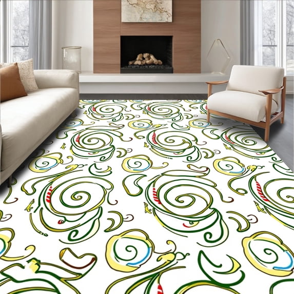 ODIKA 8'x10' Machine Washable Non-Slip Area Rug, Festive Cane Swirl with Holiday Motifs High Traffic Rug, Green, 647858