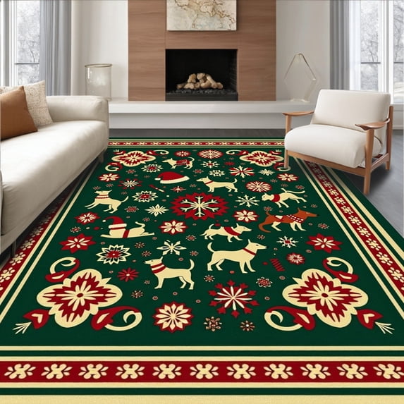 ODIKA 8'x10' Machine Washable Non-Slip Area Rug, Festive Canine With Snowflakes And Holiday Accents High Traffic Rug with Pad, Green, 623535