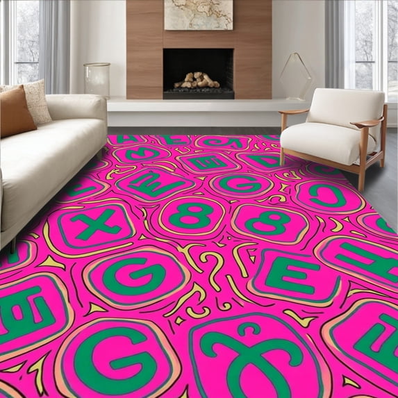 ODIKA 8'x10' Machine Washable Non-Slip Area Rug, Festive Carnival Numbers Letters With Abstract Confetti Layout High Traffic Rug, Pink, 688135