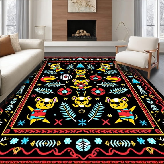 ODIKA 8'x10' Machine Washable Non-Slip Area Rug, Festive Dog and Pinecone Interlocking Motif in Abstract Folk High Traffic Rug, Black, 743811