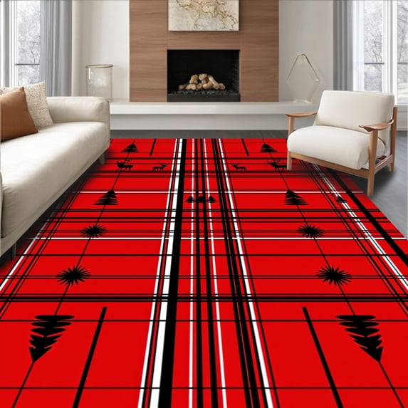 ODIKA 8'x10' Machine Washable Non-Slip Area Rug, Festive Elk Motif Tartan with Rustic Seasonal High Traffic Rug, Red, 623109