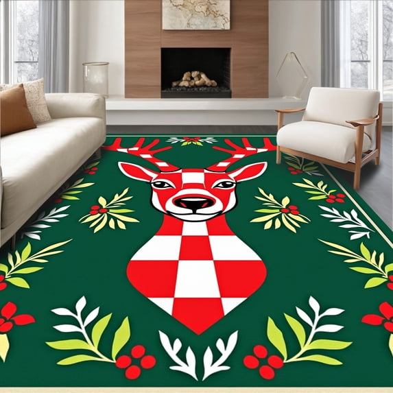 ODIKA 8'x10' Machine Washable Non-Slip Area Rug, Festive Elk with Checkered Antlers and Holly Motif High Traffic Rug with Pad, Green, 732918