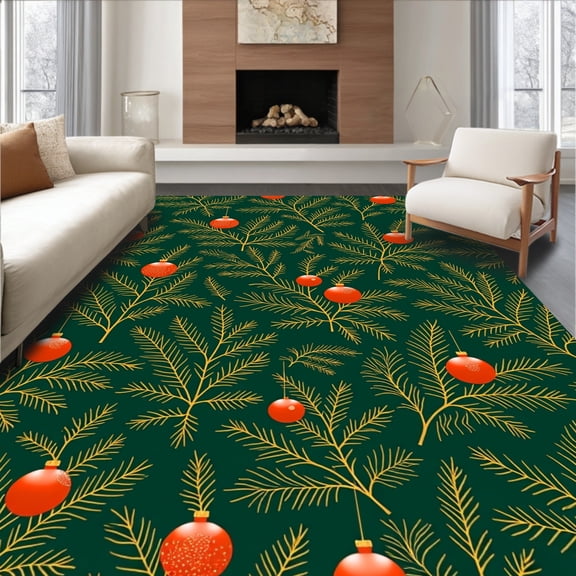 ODIKA 8'x10' Machine Washable Non-Slip Area Rug, Festive Evergreen Branches Adorned With Sparkling Ornament Decoration High Traffic Rug, Green, 605632