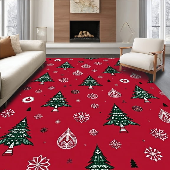 ODIKA 8'x10' Machine Washable Non-Slip Area Rug, Festive Evergreen Holiday Embellishment With Joyful High Traffic Rug, Red, 610317