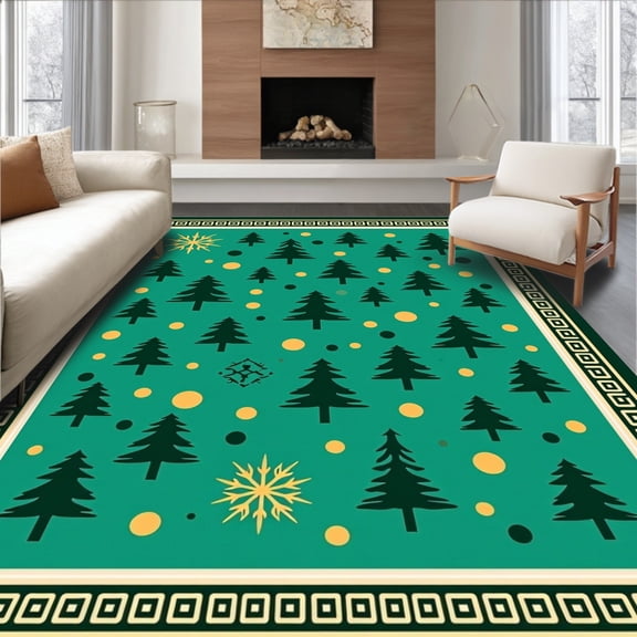 ODIKA 8'x10' Machine Washable Non-Slip Area Rug, Festive Evergreen Holiday Pathway Decoration With Ornamental Trim High Traffic Rug, Green, 605598