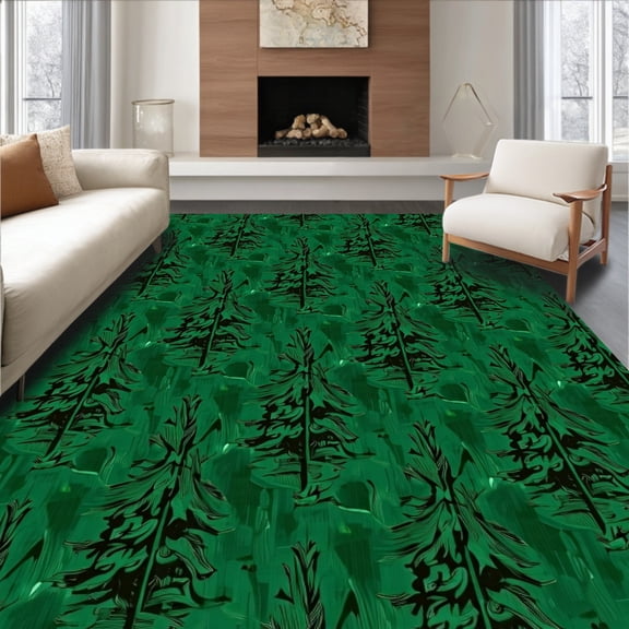 ODIKA 8'x10' Machine Washable Non-Slip Area Rug, Festive Evergreen Holiday Tree Base Decoration High Traffic Rug, Green, 609321