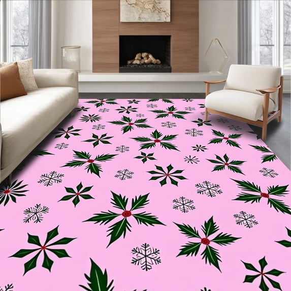 ODIKA 8'x10' Machine Washable Non-Slip Area Rug, Festive Evergreen Motif Design with Ornate Seasonal Embellishments High Traffic Rug, Pink, 644506