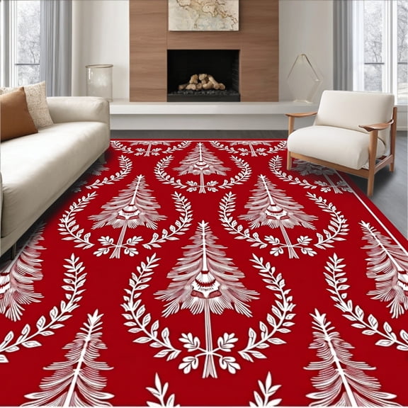 ODIKA 8'x10' Machine Washable Non-Slip Area Rug, Festive Evergreen Motif Doorway Welcome High Traffic Rug, Red, 605584