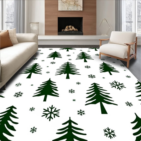 ODIKA 8'x10' Machine Washable Non-Slip Area Rug, Festive Evergreen Winter Wonderland Decorative Accent High Traffic Rug, Green, 605954