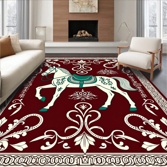 ODIKA 8'x10' Machine Washable Non-Slip Area Rug, Festive Folk Art With Horse And Decorative Scrolls High Traffic Rug, Red, 635408
