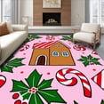 thumbnail image 1 of ODIKA 8'x10' Machine Washable Non-Slip Area Rug, Festive Gingerbread Cottage Scene with Cane Border and Holly Details High Traffic Rug, Pink, 651367, 1 of 7