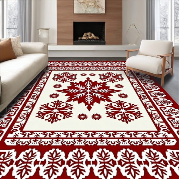 ODIKA 8'x10' Machine Washable Non-Slip Area Rug, Festive Holiday Kit Showcasing Cheerful Snowflake and Starburst Motifs High Traffic Rug, Red, 634078
