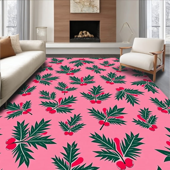 ODIKA 8'x10' Machine Washable Non-Slip Area Rug, Festive Holly Berry Wreath Christmas with Snowflake Accents High Traffic Rug, Pink, 621740